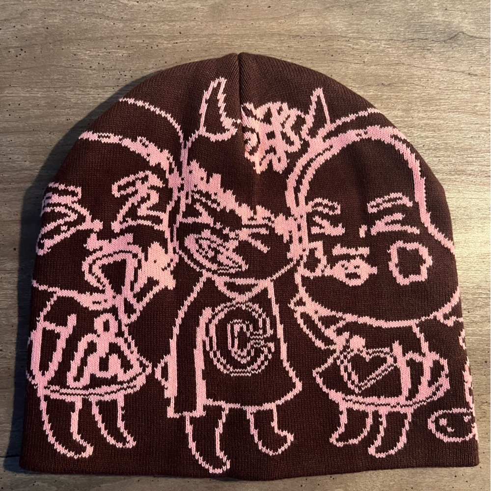 MEA CULPA Brown and Pink Cartoon Design Beanie